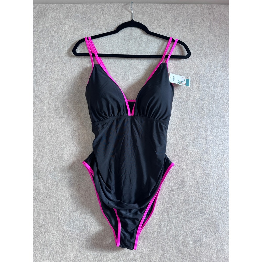 B2PRITY Womens One Piece Swimsuit Black Neon Pink Strappy V-Neck Size 2XL NWT - Picture 5 of 5